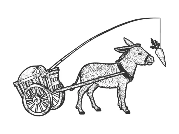 驴子追逐着绑在它身上的胡萝卜，拖着装有负载素描矢量图解的购物车。 T恤服装印花设计。 刮板风格仿制. 黑白手绘图像. — 图库矢量图片