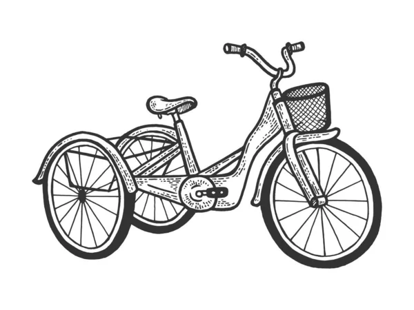 Driewieler trike fiets schets graveren vector illustratie. T-shirt kleding print ontwerp. Scratch board stijl imitatie. Handgetekende afbeelding. — Stockvector