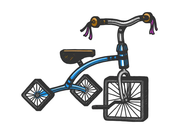 Enfants tricycle avec roues carrées croquis gravure vectorielle illustration. T-shirt imprimé design. Imitation de style scratch board. Image dessinée à la main . — Image vectorielle