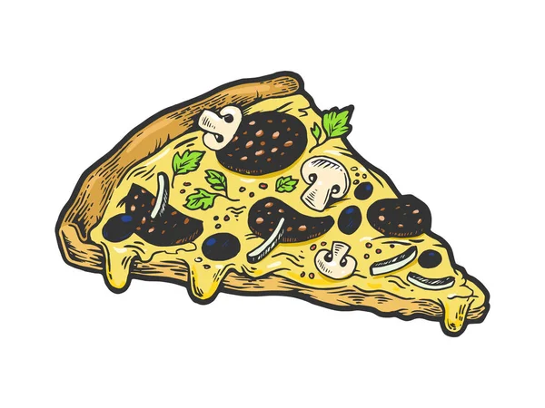 Fatia de pizza esboço gravura vetor ilustração. T-shirt design de impressão de vestuário. Imitação de estilo Scratch board. Imagem desenhada à mão . —  Vetores de Stock