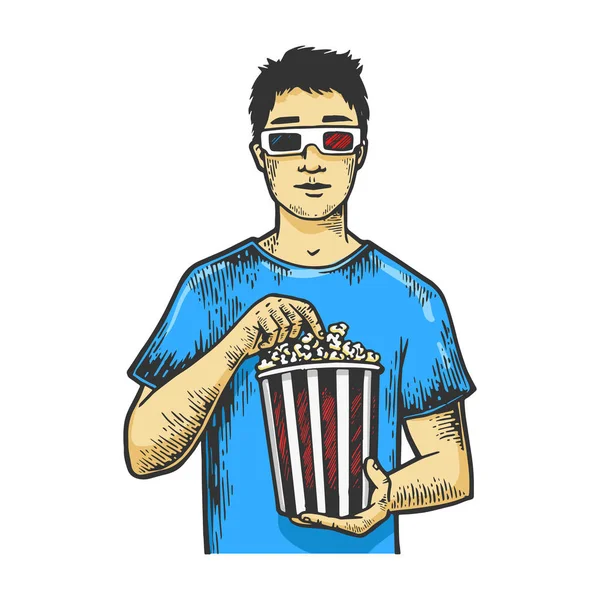 Man met popcorn in anaglyph glazen schets vintage graveren vector illustratie. T-shirt kleding print ontwerp. Scratch board stijl imitatie. Handgetekende afbeelding. — Stockvector