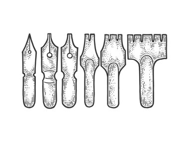 Nib kalem seti kabartma vektör çizimi. Tişört giysisi baskısı tasarımı. Tahta sitili taklit. Siyah beyaz el çizimi resim.