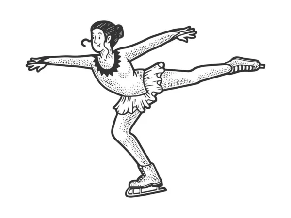 Buz patenci kız artistik patinaj çizimi yapıyor. Tişört giysisi baskısı tasarımı. Çizik tahtası taklidi. Siyah beyaz el çizimi resim. — Stok Vektör