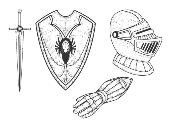 Şövalye zırhı kabartma vektör çizimi ayarladı. Tişört giysisi baskısı tasarımı. Tahta sitili taklit. Siyah beyaz el çizimi resim. — Stok Vektör