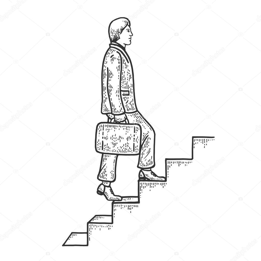 Businessman climbs the stairs sketch engraving vector illustration. T-shirt apparel print design. Scratch board style imitation. Black and white hand drawn image.