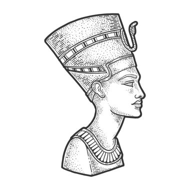 Nefertiti Antik Mısır Firavunu heykeli kabartma vektör çizimi. Tişört giysisi baskısı tasarımı. Çizik tahtası taklidi. Siyah beyaz el çizimi resim.