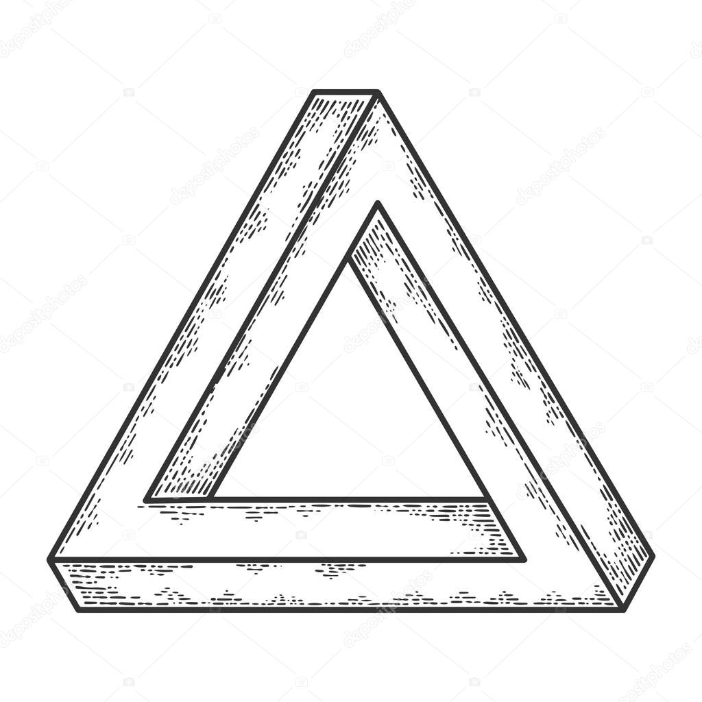 Penrose impossible tribar triangle sketch engraving vector illustration. T-shirt apparel print design. Scratch board imitation. Black and white hand drawn image.