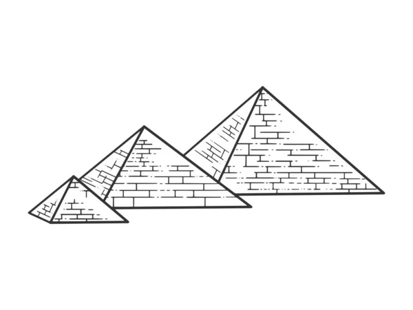 Mısır piramitleri kabartma vektör çizimi çiziyor. Tişört giysisi baskısı tasarımı. Tahta sitili taklit. Siyah beyaz el çizimi resim. — Stok Vektör