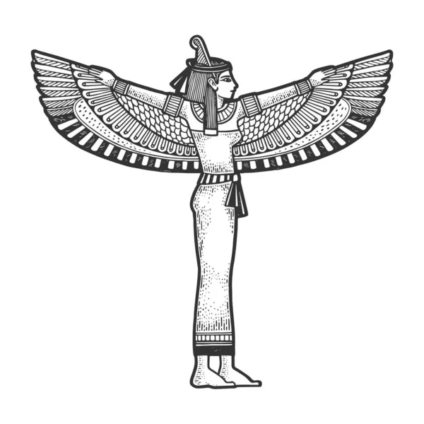 Ísis Antigo egípcio mãe deusa esboço gravura vetor ilustração. T-shirt design de impressão de vestuário. Imitação de raspadinha. Imagem desenhada à mão preto e branco . —  Vetores de Stock