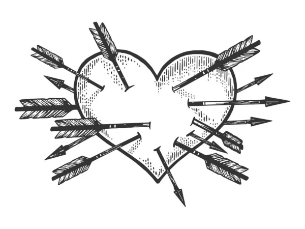 Symbole coeur percé de nombreuses flèches croquis gravure vectorielle illustration. Amour romantique symbole du mal de l'amour. T-shirt imprimé design. Imitation de carte à gratter. Image dessinée à la main noir et blanc . — Image vectorielle