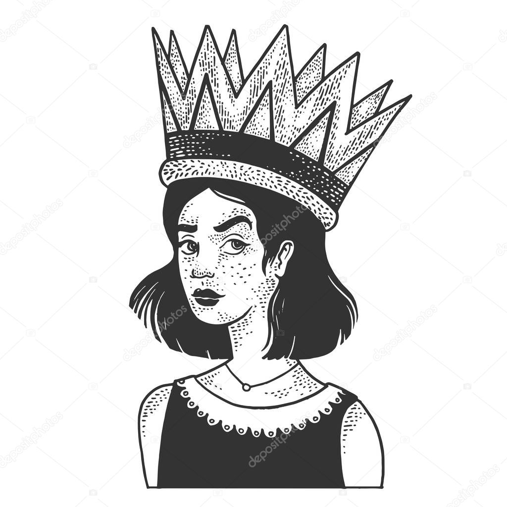 Girl in a huge giant royal crown sketch engraving vector illustration. Inflated self-esteem metaphor. T-shirt apparel print design. Scratch board style imitation. Black and white hand drawn image.