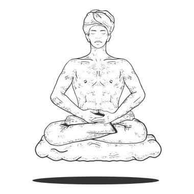 Yogi meditasyon yapıyor ve bulut çizimi üzerinde yüzüyor. Tahta sitili taklit. Siyah beyaz el çizimi resim.