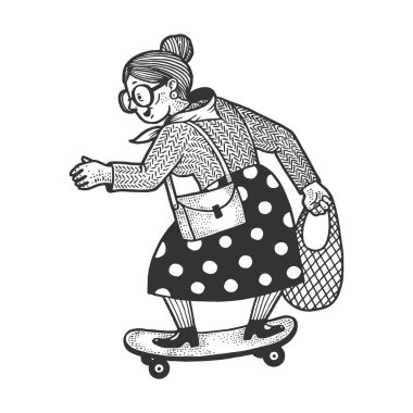 Yaşlı kadın büyükannem kaykay skecine biniyor ve vektör çizimi yapıyor. Tişört giysisi baskısı tasarımı. Çizik tahtası taklidi. Siyah beyaz el çizimi resim.
