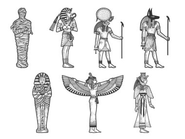 Antik Mısırlı set çizimi, kabartma vektör çizimi. Tişört giysisi baskısı tasarımı. Çizik tahtası taklidi. Siyah beyaz el çizimi resim.