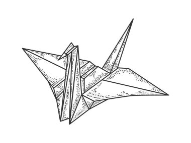 Origami vinç kağıdından kuş çizimi kabartma vektör çizimi. Tişört giysisi baskısı tasarımı. Çizik tahtası taklidi. Siyah beyaz el çizimi resim.