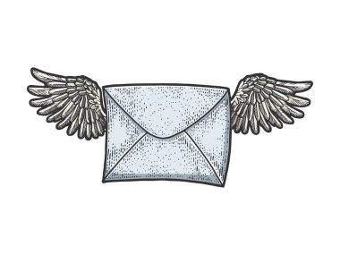 Kanatlarda uçan mektup çizimi kabartma vektör çizimi. Tişört giysisi baskısı tasarımı. Tahta sitili taklit. El çizimi resim.