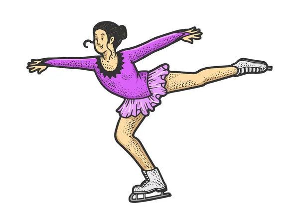 Chica patinadora de hielo realizando dibujo de patinaje artístico ilustración vectorial grabado. Diseño de estampado de ropa de camiseta. Scratch board imitación. Imagen dibujada a mano en blanco y negro . — Archivo Imágenes Vectoriales