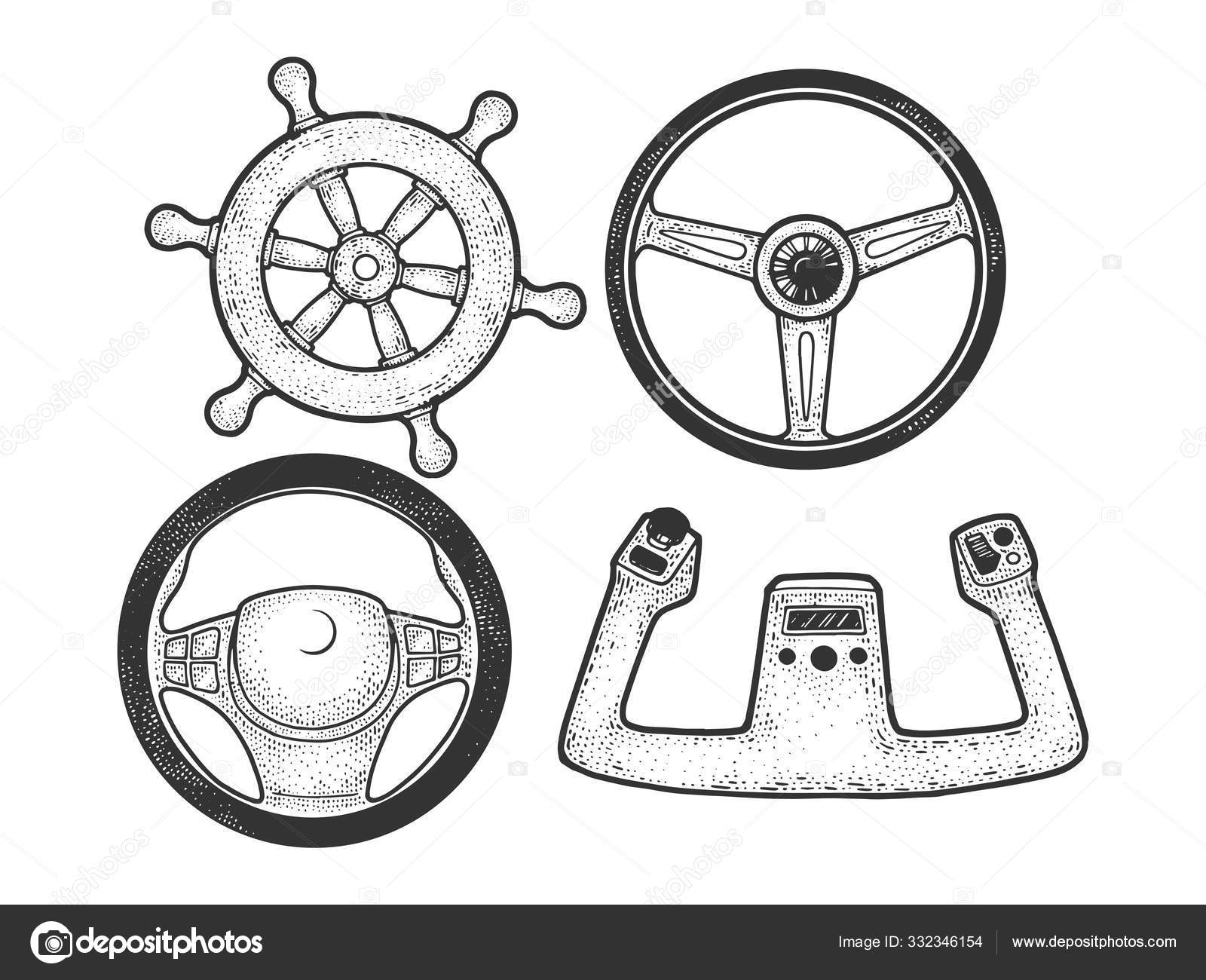 Steering wheel set sketch engraving vector illustration. Tshirt
