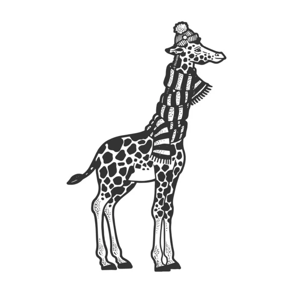 Zürafa boynu eşarba sarılmış ve kış şapkası kabartma çizimi vektör illüstrasyonlu. Tişört giysisi baskısı tasarımı. Çizik tahtası taklidi. Siyah beyaz el çizimi resim. — Stok Vektör