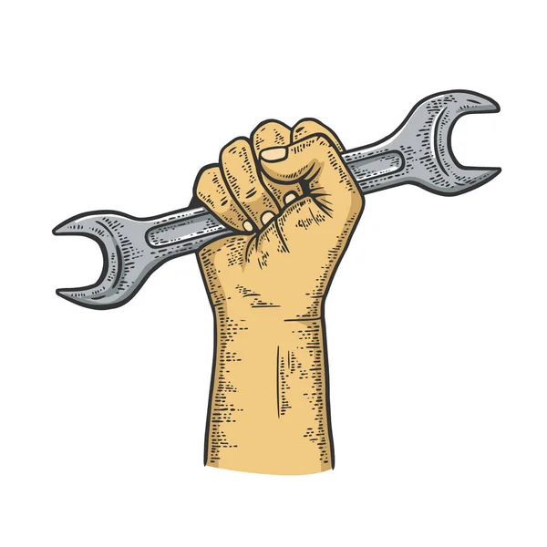 Wrench in vuist schets graveren vector illustratie. T-shirt kleding print ontwerp. Krasplank imitatie. Zwart en wit met de hand getekend afbeelding. — Stockvector