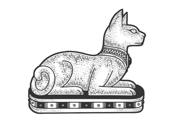 Ősi egyiptomi macska szobor vázlat metszet vektor illusztráció. Póló mintás ruha. Karcolódeszka utánzat. Fekete-fehér kézzel rajzolt kép. — Stock Vector