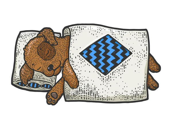 Cartone animato divertente dormire cucciolo cane schizzo incisione vettoriale illustrazione. T-shirt abbigliamento design di stampa. Imitazione in stile gratta e vinci. Immagine disegnata a mano in bianco e nero . — Vettoriale Stock