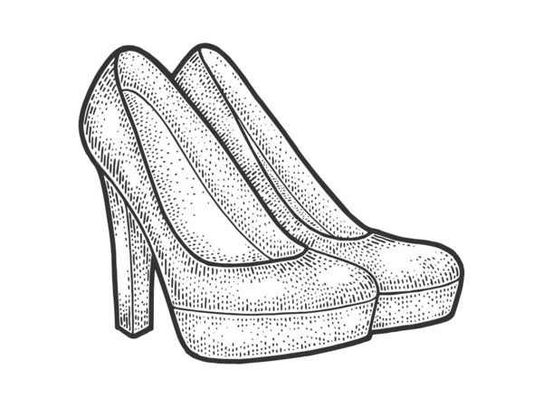Mulheres sapatos de salto alto esboço gravura vetor ilustração. T-shirt design de impressão de vestuário. Imitação de raspadinha. Imagem desenhada à mão preto e branco . — Vetor de Stock