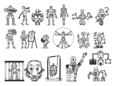 Robots set sketch engraving vector illustration. T-shirt apparel print design. Scratch board imitation. Black and white hand drawn image. clipart