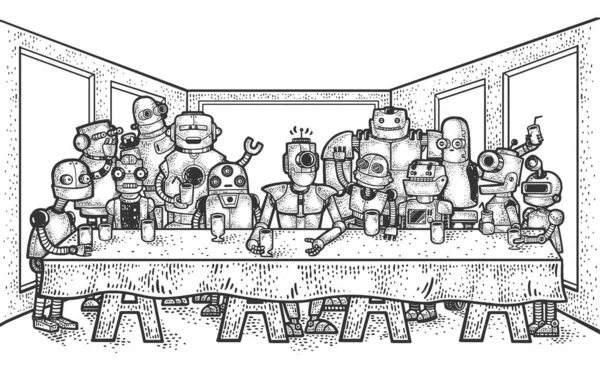 The Last Supper of robots sketch engraving vector illustration. Leonardo da Vinci painting parody. T-shirt apparel print design. Scratch board imitation. Black and white hand drawn image. — 스톡 벡터