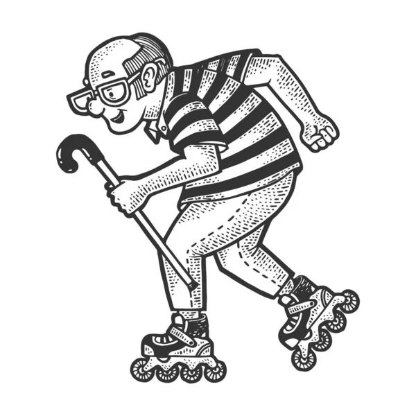 老爷爷骑在溜冰鞋上素描矢量图解. T恤服装印花设计。 刮板仿制。 黑白手绘图像. — 图库矢量图片