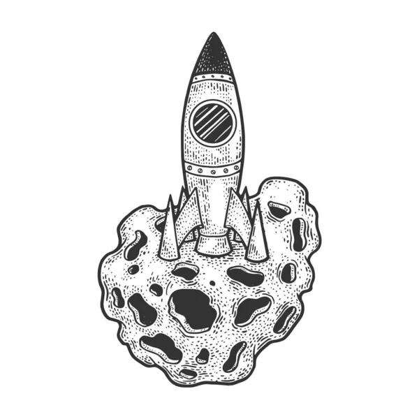 Cartoon rocket on asteroid sketch engraving vector illustration. T-shirt apparel print design. Scratch board imitation. Black and white hand drawn image. — Stock Vector