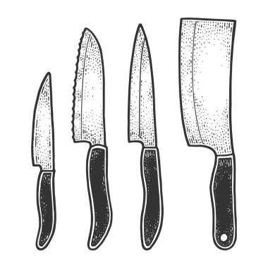 Bıçak kabartma çizim vektör illüstrasyonunu ayarladı. Tişört giysisi baskısı tasarımı. Çizik tahtası taklidi. Siyah beyaz el çizimi resim.