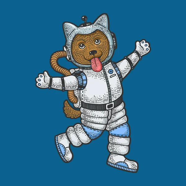 Welpe Hund Astronauten Raumfahrer im Weltraum Skizze Gravur Vektor Illustration. T-Shirt-Print-Design. Scratch-Board-Imitat. Handgezeichnetes Schwarz-Weiß-Bild. — Stockvektor