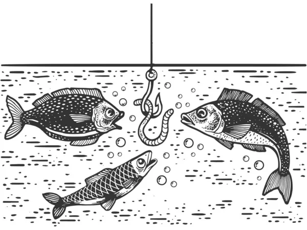 Fisk under vatten och bete på krok skiss gravyr vektor illustration. T-shirt kläder tryck design. Skrapbrädesimitation. Svart och vit handritad bild. — Stock vektor