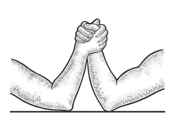 Arm wrestler hands sketch engraving vector illustration. T-shirt apparel print design. Scratch board imitation. Black and white hand drawn image. — 스톡 벡터