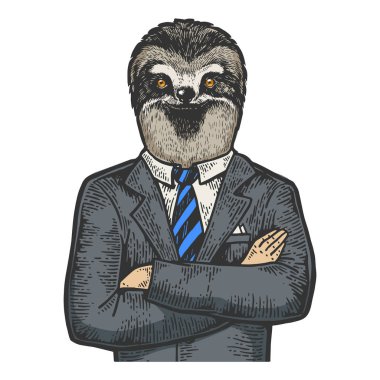 Tembel baş işadamı çizim gravür vektör illüstrasyon. Scratch tahta tarzı taklit. Siyah beyaz elle çizilmiş görüntü.