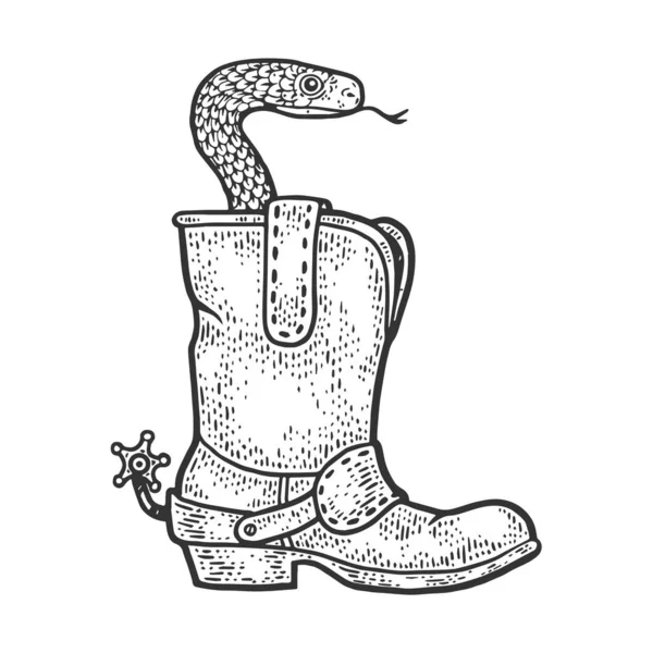 Slange hugorm i en cowboy støvle skitse gravering vektor illustration. T-shirt tøj print design. Efterligning af skrabelodder. Sort og hvid håndtegnet billede . – Stock-vektor