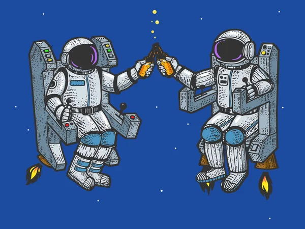 Astronaute en combinaison spatiale boire bière croquis gravure vectoriel illustration. T-shirt imprimé design. Imitation de style scratch board. Image dessinée à la main noir et blanc . — Image vectorielle