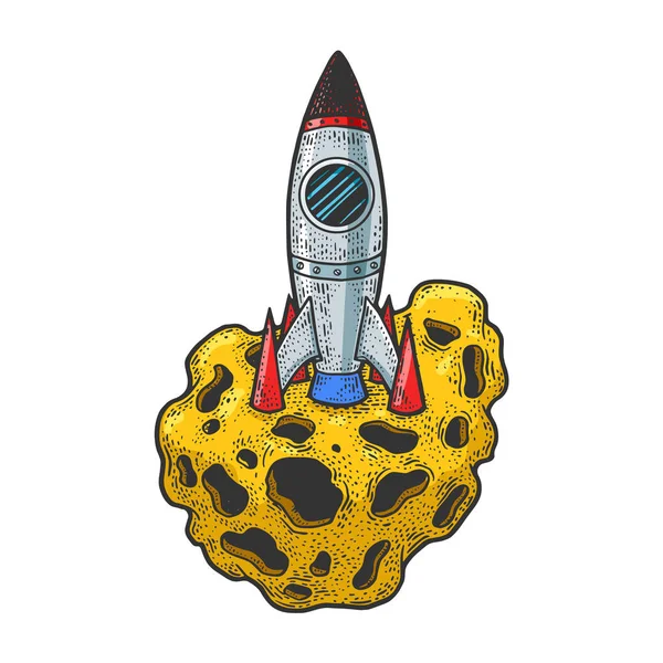 Cartoon rocket on asteroid sketch engraving vector illustration. T-shirt apparel print design. Scratch board imitation. Black and white hand drawn image. — 스톡 벡터