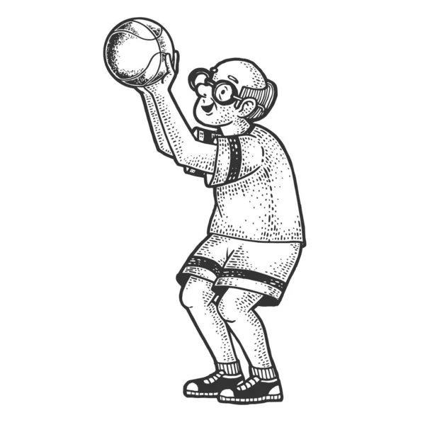 Oude man basketbalspeler schets graveren vector illustratie. T-shirt kleding print ontwerp. Krasplank imitatie. Zwart en wit met de hand getekend afbeelding. — Stockvector