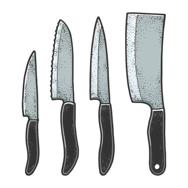 Bıçak kabartma çizim vektör illüstrasyonunu ayarladı. Tişört giysisi baskısı tasarımı. Çizik tahtası taklidi. Siyah beyaz el çizimi resim.