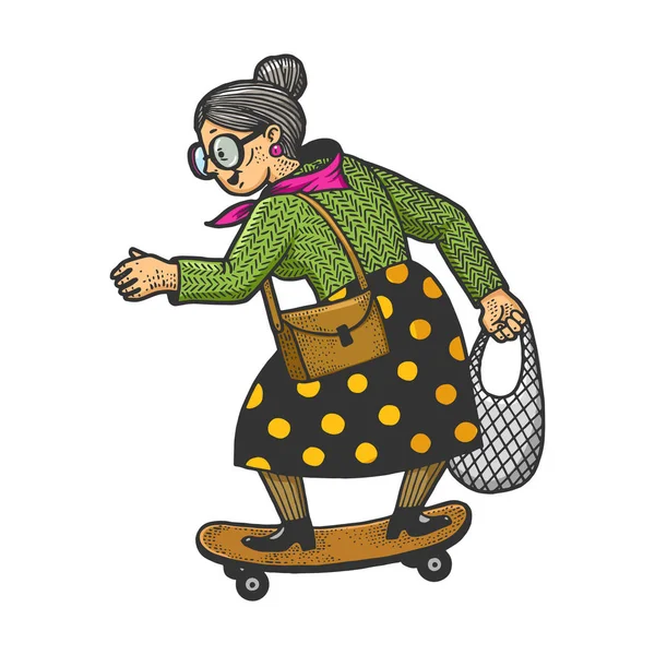 Alte Frau Großmutter fährt auf Skateboard Skizze Gravur Vektor Illustration. T-Shirt-Print-Design. Rubbellos-Imitat. Handgezeichnetes Schwarz-Weiß-Bild. — Stockvektor