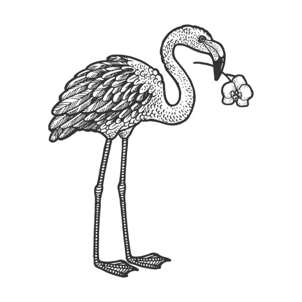 Flamingo bird with orchid flower in beak sketch engraving vector illustration. T-shirt apparel print design. Scratch board imitation. Black and white hand drawn image. — 스톡 벡터