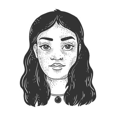 Genç kadın portresi çizimi, kabartma vektör çizimi. Tişört giysisi baskısı tasarımı. Çizik tahtası taklidi. Siyah beyaz el çizimi resim.