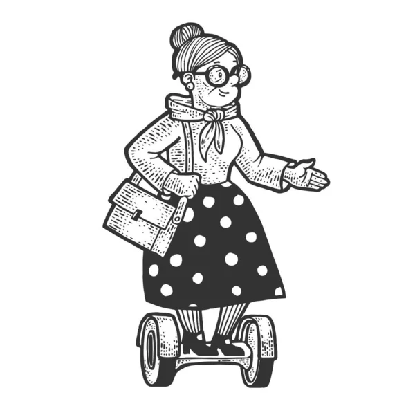 Oude vrouw oma rijdt op hoverboard zelfbalancerende scooter schets graveren vector illustratie. T-shirt kleding print ontwerp. Krasplank imitatie. Zwart en wit met de hand getekend afbeelding. — Stockvector