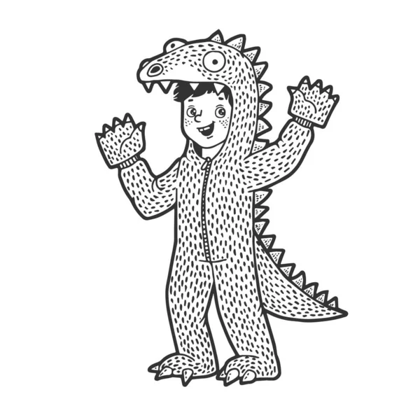 Anak laki-laki berpakaian seperti dinosaurus sketsa gambar vektor ilustrasi. Desain pakaian bergambar kaos. Imitasi papan gores. Citra gambar tangan hitam dan putih . - Stok Vektor