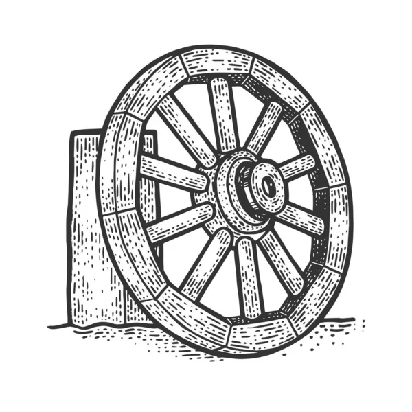 Деревянное колесо на обочине дорожного эскиза гравировочная векторная иллюстрация. Дизайн одежды для футболок. Имитация Доски Царапин. Черно-белое изображение . — стоковый вектор