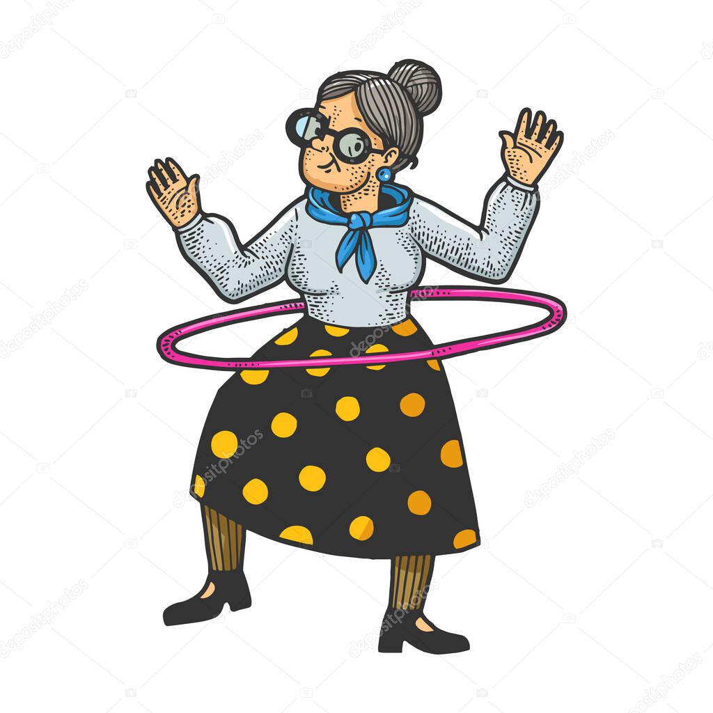 Old woman grandmother with Hula hoop sketch engraving vector illustration. T-shirt apparel print design. Scratch board imitation. Black and white hand drawn image.