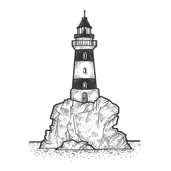 岩の崖のスケッチのベクトル図を彫る灯台。Tシャツのアパレルプリントデザイン。スクラッチボードの模倣黒と白の手描き画像. — ストックベクタ