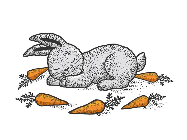 Desenhos animados coelho dormindo coelho esboço gravura vetor ilustração. T-shirt design de impressão de vestuário. Imitação de raspadinha. Imagem desenhada à mão preto e branco . —  Vetores de Stock